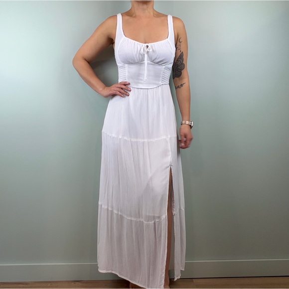 Hollister Dresses & Skirts - Hollister White Milkmaid Coquette Romantic Smock waist Maxi Dress with Slit XS
